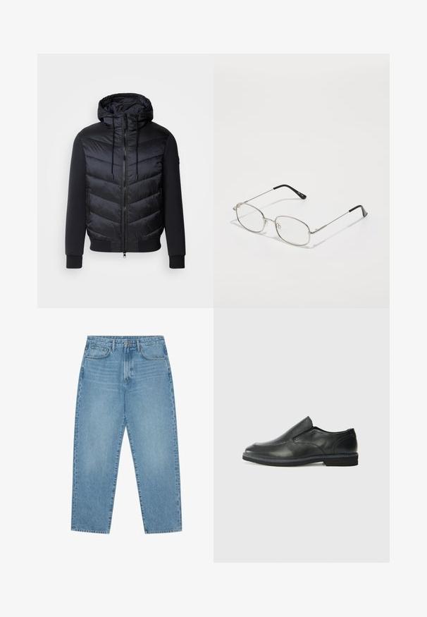 Casaco acolchoado com a parte frontal preta e acolchoada, mangas texturizadas, fecho de correr e capuz ajustável. Apresenta bolsos laterais com fecho de correr.; Conjunto de cinco t-shirts em preto, branco e azul marinho. Tecido de algodão, mangas curtas, design de gola redonda e textura lisa sem padrões.; Jeans de ganga de perna larga em azul-claro com cintura alta, apresentando cinco bolsos, passadores para cinto e uma textura suave, ligeiramente desbotada.; Sapato slip-on preto em pele com um upper liso, acabamentos cosidos, bico arredondado e um salto de borracha baixo. A sola apresenta um padrão de aderência mínimo.; Óculos de metal com armação oval, aros prateados e lentes transparentes. Braços slim e retos com pontas pretas, design minimalista.