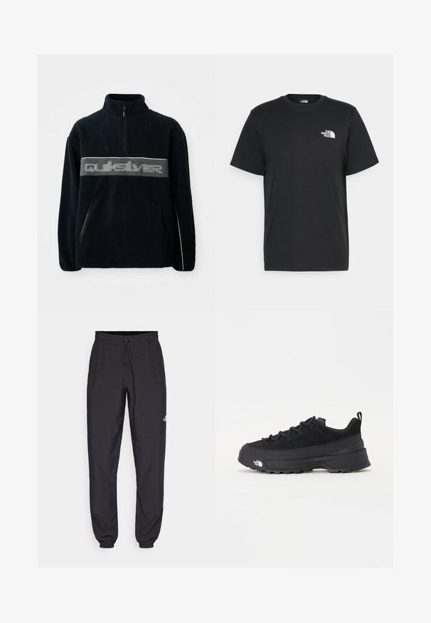 Crni flis pulover s gornjim zatvaračem, bočnim džepovima na zatvarač i velikim Quiksilver logotipom u sivoj boji preko prsa.; Crna pamučna majica s kratkim rukavima, okruglim izrezom i malim bijelim logotipom na lijevoj strani prsa. Jednostavan dizajn, glatka tekstura i opušteni kroj.; Crne sportske hlače od lagane tkanine, s pojasom na vezanje, bočnim džepovima i suženim manžetama na gležnjevima.; Crne vanjske tenisice s gornjim dijelom od antilopa, teksturiranim gumenim potplatom i čvrstim sustavom vezanja. Imaju ojačan petni deo i logo brenda sa strane.