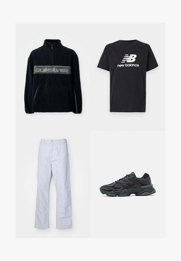 Pullover in pile nero con collo a zip a un quarto, tasche laterali con zip e un grande logo Quiksilver in grigio sul petto.; T-shirt in cotone nero con il logo bianco New Balance e un design grafico sul davanti. Maniche corte e collo a giro.; Pantaloni dritti blu chiaro in cotone. Presentano una tasca frontale, una cerniera e un singolo bottone di metallo in vita.; Scarpa da corsa nera con una combinazione di materiali in rete e sintetici, suola spessa, design curvo e marchio ben visibile sul lato.