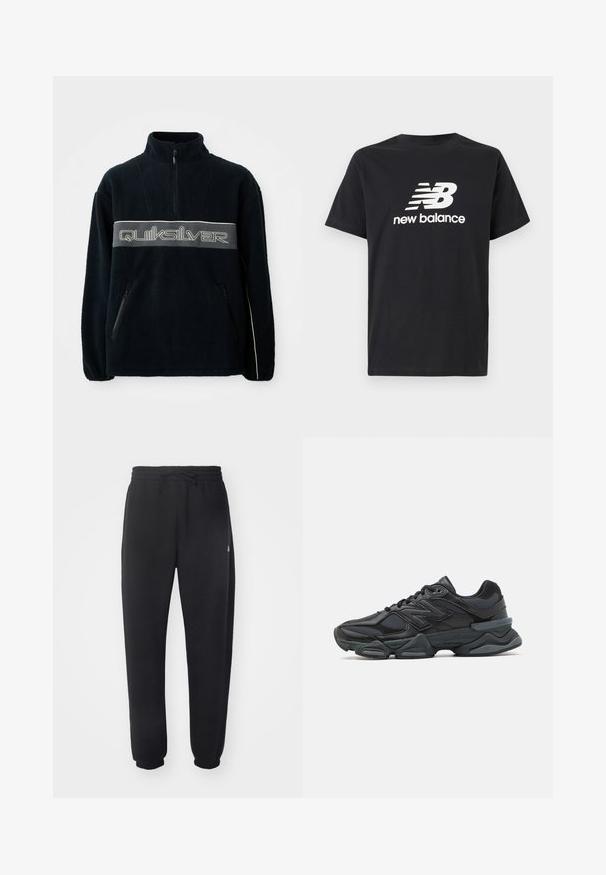 Black fleece pullover featuring a quarter-zip neckline, zippered side pockets, and a large Quiksilver logo across the chest in gray.; Black cotton T-shirt featuring a white New Balance logo and graphic design on the front. Short sleeves and a crew neck.; Black sweatpants made of soft material with an elastic waistband, drawstring, and tapered cuffs, featuring a subtle logo on the side.; Black running shoe featuring a mix of mesh and synthetic materials, chunky sole, curved design, and prominent branding on the side.