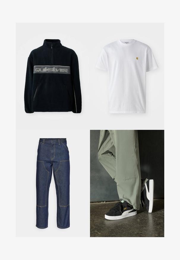 Juodas fliso puloveris su ketvirčio užtrauktuku, užtrauktukinėmis šoninėmis kišenėmis ir dideliu šviesiai pilku "Quiksilver" logotipu krūtinėje.; Balta medvilnės marškinėliai su trumpomis rankovėmis, apvalia iškirpte, kuriuose kairėje krūtinės pusėje yra mažas auksinis logotipas. Minkšta tekstūra ir reguliari forma.; Tamsiai mėlynos džinsinės kelnes su aukštu liemeniu, tiesaus kirpimo dizainu, kontrastinėmis siūlėmis ir kišenėmis priekyje.; Juodi suede sportbačiai su baltais guminiais padais ir šoninėmis juostelėmis, derinami su šviesiai žaliais kargo kelnais, stovintys ant tekstūruoto tamsaus paviršiaus.