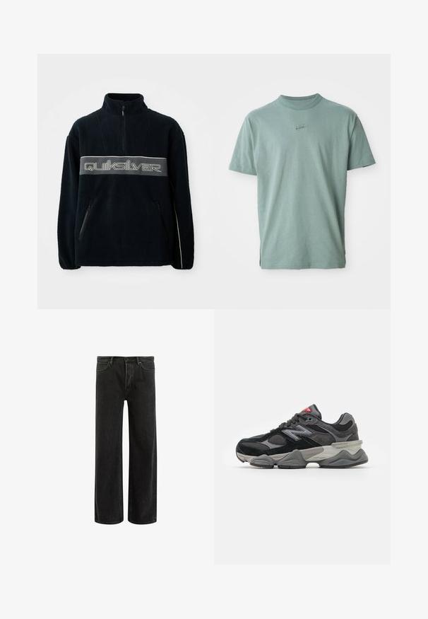 Pólder negro de forro polar con cuello de media cremallera, bolsillos laterales con cremallera y un gran logotipo de Quiksilver en gris en el pecho.; Camiseta de algodón verde con mangas cortas, cuello redondo acanalado y logotipo bordado de Nike en el pecho. Textura suave y corte relajado.; Jeans de mezclilla negra de pierna ancha con cintura alta, que presentan un diseño clásico de cinco bolsillos y un sutil desvanecimiento para una apariencia texturizada.; Zapatilla negra y gris con una mezcla de materiales de ante y malla, suela gruesa, logotipo prominente y acento rojo en la lengüeta.
