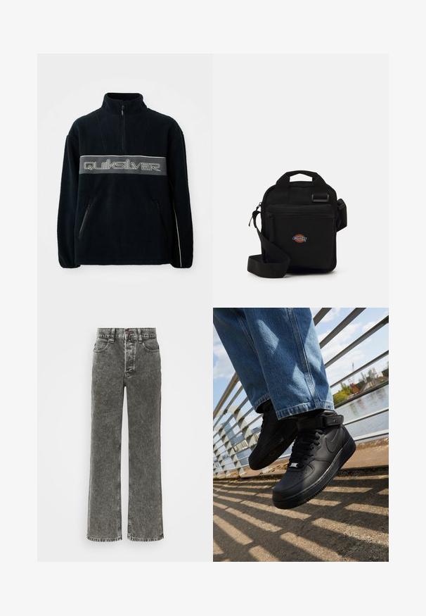 Crni flis pulover s gornjim zatvaračem, bočnim džepovima na zatvarač i velikim Quiksilver logotipom u sivoj boji preko prsa.; Bijela dugopruga majica s dugim rukavima od pamuka. Dizajn s okruglim izrezom, rebrastim manžetama i malim logotipom na lijevom rukavu. Glatka tekstura.; Široke traperice u izblijeđenoj crnoj denim tkanini, s kopčanjem na dugme, dizajnom s pet džepova i kontrastnim šavovima.; Crne Nike Air Force 1 tenisice s kožnim gornjim dijelom, mrežastim jezikom i gumenenim potplatom, s visokim dizajnom i debelim vezicama.; Crna crossbody torba s zatvorenim džepom, pravokutnog oblika, izrađena od tkanine, s logom na prednjoj strani, podesivim remenom za rame.; Pet srebrne prstenje: jedan s crnim kružnim detaljem, jedan s bijelim i crnim geometrijskim uzorkom, a ostali s različitim oblicima i završnim obradama.