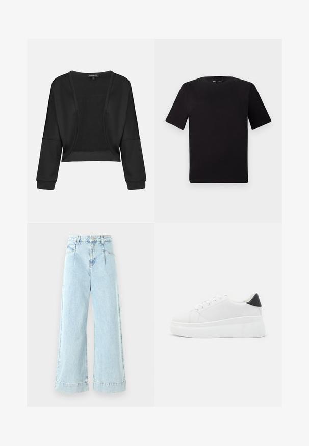 Juodas trumpas švarkas su ilgomis rankovėmis, atvira priekyje ir tekstūruotu megztu paneliu. Sklandi medžiaga su laisvu, laisvu pjaustymu ir elastingomis rankovių gumomis.; Juodas trumpas rankovės marškinėlis su apvaliu iškirpimu, pagamintas iš minkštos medvilnės medžiagos. Paprastas dizainas, be matomų logotipų ar raštų.; Šviesiai mėlynos plačios džinsinės kelnės, pagamintos iš džinsinio audinio, su aukštu liemeniu, priekinėmis kišenėmis ir siuvinėjimais ant apdailos.; Balti platforminiai sportbačiai, pagaminti iš lygios sintetinio audinio, su apvaliu pirštu, raištelių užsegimu ir tekstūruota guma padanga. Juodas kulno akcentas.