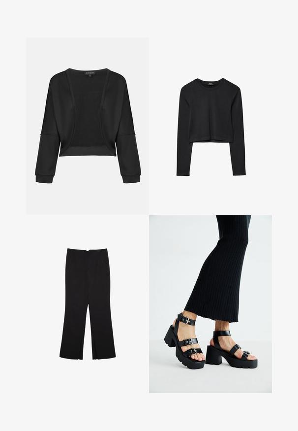 Giacca nera corta con maniche lunghe, apertura frontale e un pannello in maglia testurizzata. Tessuto liscio con un taglio rilassato e comodo, e polsini elasticizzati.; Top cropped nero a maniche lunghe con scollatura tonda, design semplice e orlo leggermente curvo.; Pantaloni neri a gamba dritta, con tasche frontali e spacchi laterali all'orlo. Realizzati in tessuto morbido e liscio. Adatti a diverse occasioni.; Sandali neri con piattaforma, suole chunky e tassellate, dotati di molteplici cinturini, con fibbie in metallo e un texture simile alla pelle liscia.