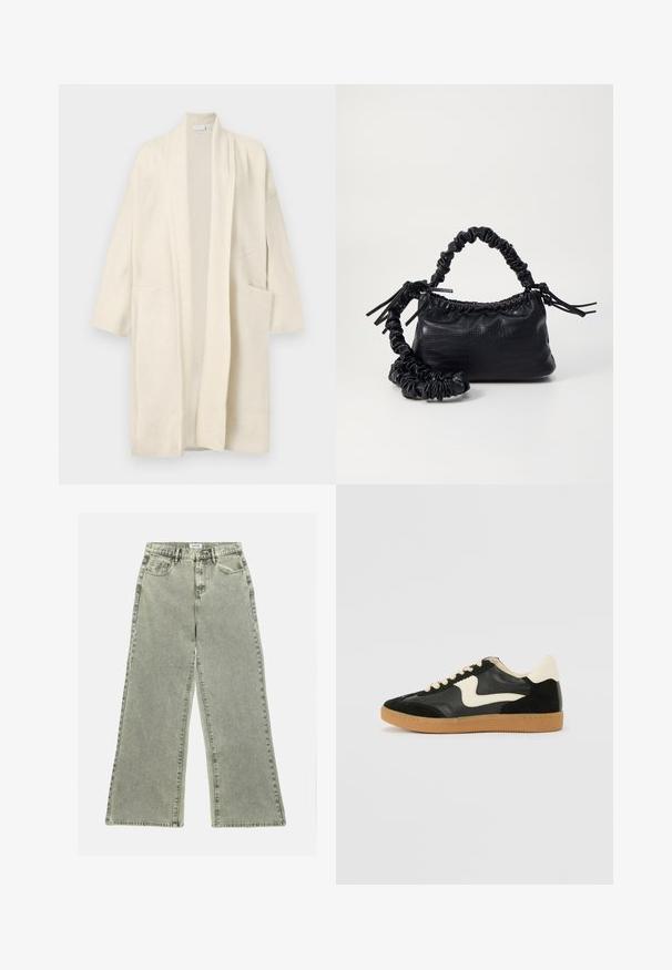 Dlouhý smetanový kardigan s otevřeným předním dílem, dvěma předními kapsami a širokými klopami, vystavený na bílém pozadí.; Bílá košile s dlouhým rukávem z hladké bavlněné směsi. Obsahuje klasický límec, přední zapínání na knoflíky a zaoblené manžety.; Džíny s širokými nohavicemi v světle šedém denim, s vysokým pasem, předními kapsami a surovým lemem. Ošuntělá textura přidává vizuální zajímavost.; Černé semišové a kožené tenisky s krémovým postranním swooshem a světlým krémovým podpatkem. Mají béžové tkaničky a podešev z gumové pryže.; Černá kabelka z umělé kůže s krokodýlím vzorem, staženým vrškem a zmačkaným popruhem. Zdá se, že má měkký a kompaktní design.