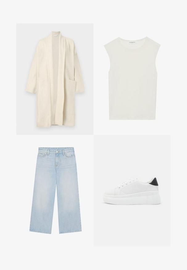 Μακριά, κρεμ ανοιχτή καζάκα με δύο μπροστινές τσέπες και φαρδιές απόψεις, τοποθετημένη σε λευκό φόντο.; Λευκή αμάνικη μπλούζα με στρογγυλή λαιμόκοψη. Φτιαγμένη από απαλό ύφασμα, διαθέτει χαλαρή εφαρμογή και μινιμαλιστικό σχέδιο. Χωρίς μοτίβα ή αξεσουάρ.; Φωτεινά μπλε παντελόνια με φάρδος, ψηλή μέση, κουμπί κλεισίματος, θηλιές για ζώνη και σχέδιο πέντε τσέπες. Το ύφασμα δείχνει μια απαλή, ελαφρώς ξεθωριασμένη υφή.; Λευκά πλατφόρμα αθλητικά παπούτσια κατασκευασμένα από λείο συνθετικό υλικό, με στρογγυλή μύτη, σχέδιο με κορδόνια και υφασμένη καουτσούκ σόλα. Μαύρη έγχρωμη λεπτομέρεια στη φτέρνα.