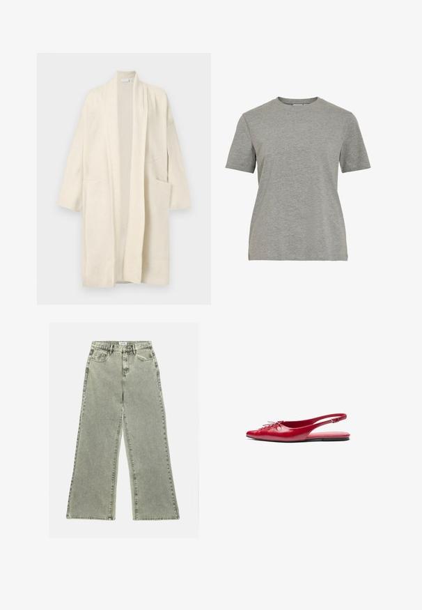 Hosszú krémszínű, nyitott kardigán két elöl lévő zsebbel és széles hajtókákkal, fehér háttér előtt bemutatva.; Szürke pamut póló, klasszikus kerek nyakú, rövid ujjú és sima textúrájú, alkalmi viseletre ideális.; Világosszürke farmer széles lábakkal, magas derékkal, elülső zsebekkel és nyers szegéllyel. Az anyag kopott hatása vizuális érdekességet ad.; Piros bőr, hátul nyitott lapos cipő, hegyes orral és dekoratív fűzős részlettel az elején, vékony bokapánttal és lapos talppal.