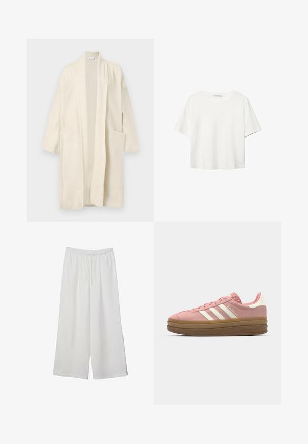 Dlhý krémový kardigán s otvoreným predným dielom, ktorý má dve predné vrecká a široké klopové límce, vystavený na bielom pozadí.; Biela krátkopsová tričko vyrobené z bavlny. Má okrúhly výstrih a voľný strih. Hladká textúra bez viditeľných vzorov alebo akcentov.; Biele široké nohavice z ľahkého materiálu s elastickým pásom a šnúrkou na nastavenie veľkosti. Hladká textúra.; adidas Originals GAZELLE BOLD - Tenisky - mauve/off white