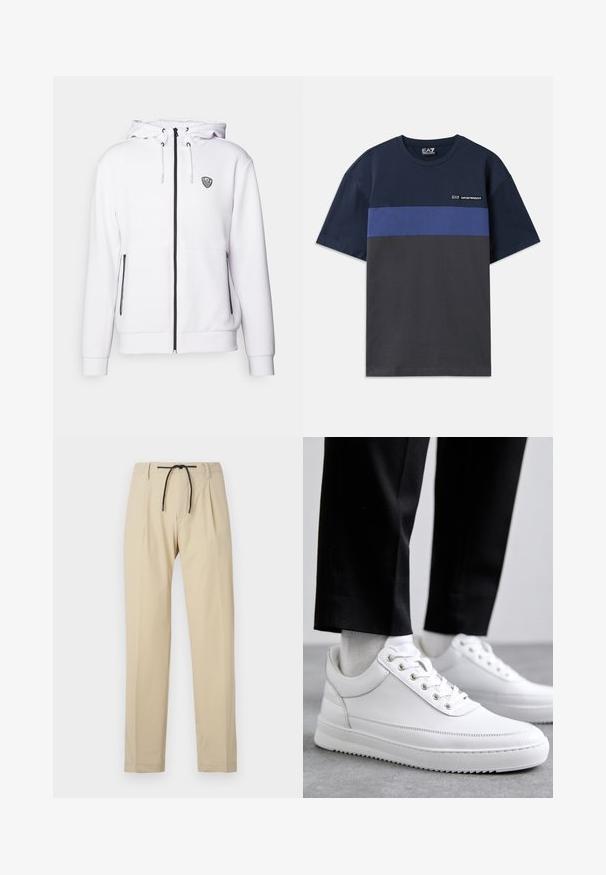 Felpa bianca con cappuccio realizzata in tessuto morbido, dotata di zip frontale, cappuccio regolabile, dettagli neri della zip e un piccolo logo sul petto.; T-shirt in cotone blu navy con una striscia orizzontale blu e una sezione inferiore color carbone. Presenta un piccolo logo in alto a sinistra.; Pantaloni beige con una vestibilità dritta, dotati di una vita con cordoncino, frontale plissettato e texture liscia. Design semplice e versatile.; Sneakers bianchi in pelle con suola piatta in gomma, dotati di una finitura liscia, punta rotonda e occhielli in metallo per i lacci. Indossati con pantaloni neri.