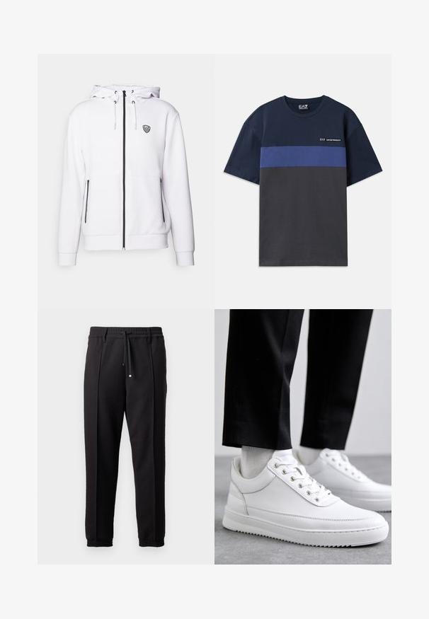 Balts džemperis ar mīkstu audumu, kas aprīkots ar priekšējo rāvējslēdzēju, regulējamu kapuci, melniem rāvējslēdzēja akcentiem un mazu logotipu uz krūtīm.; Džemperis ar īsām piedurknēm, tumši zilā krāsā, ar horizontālu zilu strīpu un pelēkā lieluma apakšdaļu. Ar mazu logotipu augšējā kreisajā stūrī.; Melni bikses ar jostu, staipāmu un elastīgām aprocēm. Ar krokām un gludu, teksturētu audumu.; Baltas ādas kedas ar plakanu gumijas zoli, kas piedāvā gludu apdari, apaļu purngalu un metāla caurules šņorēm. Valkātas ar melnām biksēm.