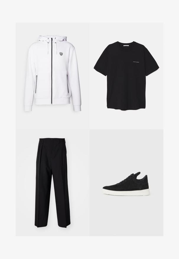 Hvit hettegenser laget av mykt stoff, med frontglidelås, justerbar hette, sorte glidelåsdetaljer og en liten logo på brystet.; Svart bomull T-skjorte med rund hals, korte ermer, og hvit logo trykk på venstre bryst. Enkel, ensfarget design.; Sorte plissert bukser med en rett, bred benform. Laget av glatt stoff, med knappelukking og beltehemper.; Sorte semskede sneakers med hvit gummisåle, med tonale sømmer og snøring. Glatt tekstur med en moderne, strømlinjeformet form.