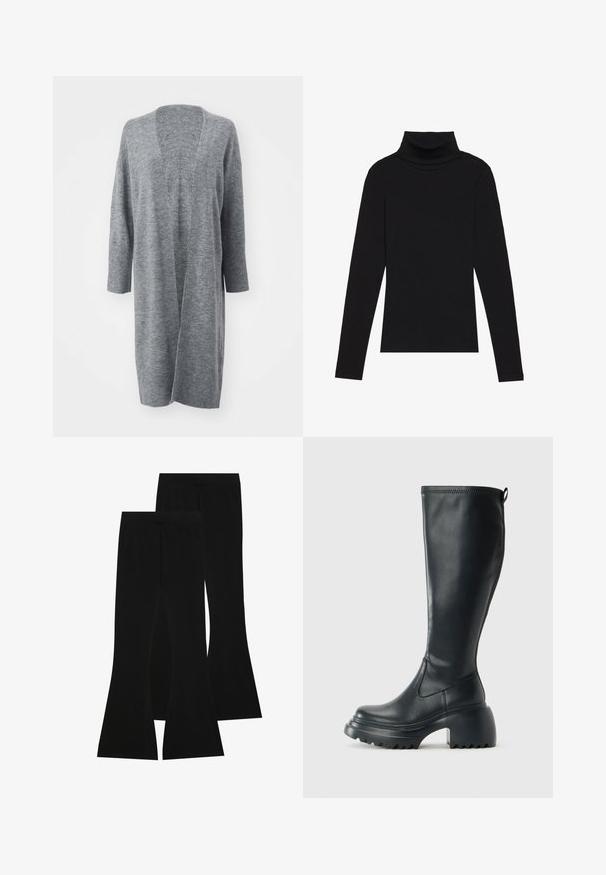 Vero Moda VMJUPITER OPEN - Kardiganas - medium grey melange; Juoda turtleneko ilgo rankovės viršutinė dalis, pagaminta iš raukšlėtos medžiagos, turi prigludusią formą, aukštą apykaklę ir neturi jokių raštų ar akcentų.; Juodi platėjančių kojų džinsai, pagaminti iš elastingos medžiagos, turintys aukštą liemenį ir lygią tekstūrą, su prigludusia forma, kuri plinta nuo kelio.; Ilgas juodos odinės batai su masyvi platforma ir stačiakampiu kulnu, turintys traukimo kilpą ir tekstūruotą pado raštą.