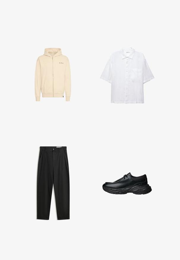 Beige Kapuzenpullover mit Reißverschluss aus weichem Stoff, ausgestattet mit einer Kängurutasche, Kordelzugkapuze und schwarzem "A.R.C." Schriftzug auf der Brust.; Weißes Kurzarmhemd mit Knopfleiste, Kragen und einer Brusttasche. Aus leichtem Stoff mit glatter Textur gefertigt.; Schwarze Baumwollhose mit lockerem Schnitt, ausgestattet mit einem klassischen Bund, vorderen Falten und Seiten taschen. Glatte Textur ohne Muster.; Schwarze Leder-Slipper mit runder Spitze und dicker, strukturiertem Gummisohle. Besitzt dezente Nähte und elastische Akzente am Schaft.