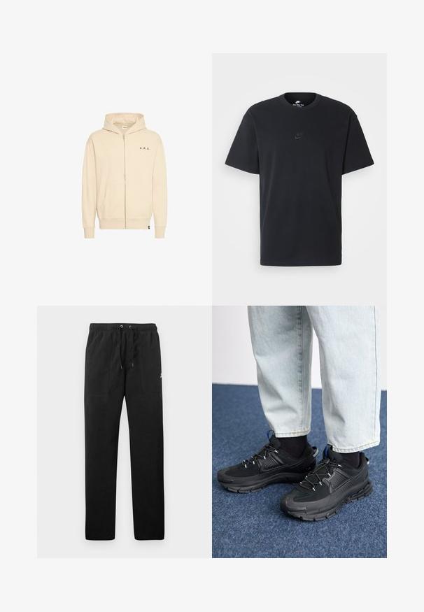 Beež zip-up kapuutsiga dressipluus, mis on valmistatud pehmest kangast. Sellel on kängurupocket, reguleeritav kapuuts ja must "A.R.C." kiri rinnal.; Nike musta mustast puuvillast T-särk klassikalise ümmarguse kaelusega, lühikeste varrukatega ja õrna, reljeefse logoga rinnal. Sile tekstuur.; Mustad fliisist sportpüksid, millel on elastne vöö ja paelad, kaks esi-taskut ning väike logo reie peal.; Mustad mustad jooksukingad, millel on tekstureeritud kangas ja kummist tallad, elastsed nöörid ning sinine aksent kandadel. Kandmine heledate teksadega.