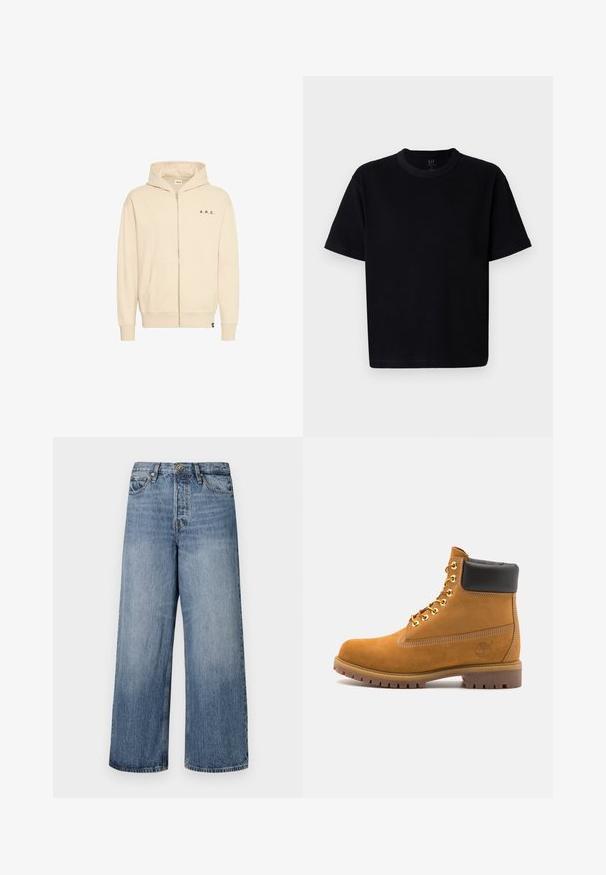 Beež zip-up kapuutsiga dressipluus, mis on valmistatud pehmest kangast. Sellel on kängurupocket, reguleeritav kapuuts ja must "A.R.C." kiri rinnal.; Must musta t-särk, millel on ümmargune kaelus, lühikesed varrukad ja sirge lõige. Omab minimaalset õmblemist ja pehmet, siledat tekstuuri.; Laia siniste denimpükse, millel on pleekinud pesu, viie tasku disain ja nööbi sulgemine. Varustatud vööde jaoks silmadega ja õmblustega detailidega.; Küpset tan suede sääreboot musta pehmea kraega, kuldsed metallist silmad, valge õmblemise detailid ja robustne kummist tallaga, millel on väljendunud mustrid.