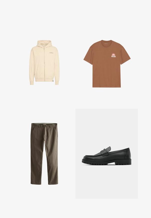 Felpa con zip beige realizzata in tessuto morbido, dotata di tasca a marsupio, cappuccio con cordino e scritta nera "A.R.C." sul petto.; T-shirt marrone a maniche corte in cotone, con una grafica di un sole rosa e il testo "SOLAR" sul lato sinistro del petto. Design con scollo rotondo.; Chino in cotone marrone con design a gamba dritta, tasche frontali e chiusura con bottone. Presentano una consistenza liscia e linee pulite.; Mocassini in pelle nera con punta rotonda, caratterizzati da un design cucito, suola piatta bassa e un battistrada in gomma testurizzata e scolpita.