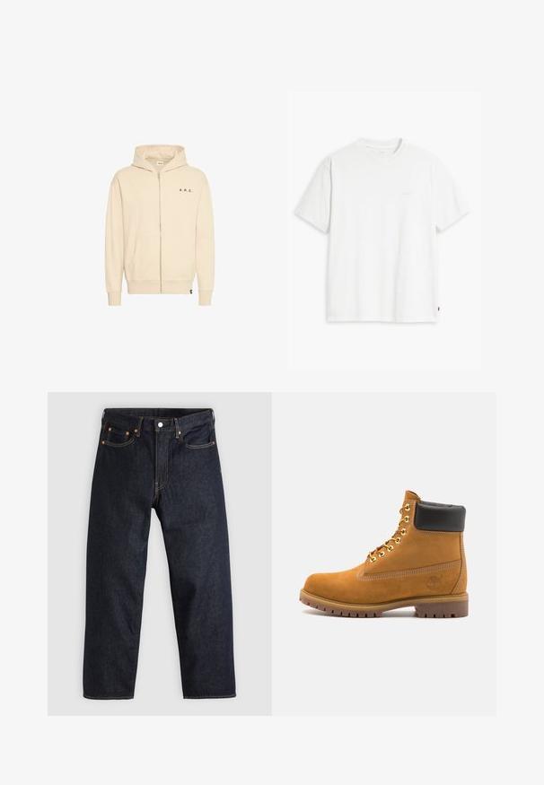 Beige zip-up hoodie lavet af blødt stof, med en kængurulomme, snoretræk i hætten og sort "A.R.C." tekst på brystet.; Hvid bomulds T-shirt med korte ærmer, rund hals og en diskret Levi's logo trykt i midten. Blød tekstur og standard pasform.; Mørkeblå denimjeans med lige pasform, fem lommer, kontrasterende orange syning og knaplukning. Ingen synlige mønstre eller udsmykninger.; Tan nubuck ankelstøvle med sort polstret krave, gyldne metaløjer, hvid syning detaljer og robust gummisål med udtalte slidbaner.