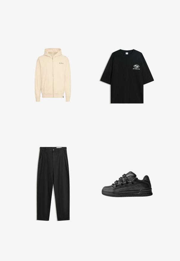 Beżowa bluza z kapturem zapinana na zamek, wykonana z miękkiego materiału, z kangurzą kieszenią, kapturem ze sznurkiem oraz czarnym napisem "A.R.C." na klatce piersiowej.; Czarna, oversize bawełniana koszulka z okrągłym dekoltem i krótkimi rękawami, z białym logo "Shibuya" nadrukowanym na przodzie.; Czarne bawełniane spodnie o luźnym kroju, z klasycznym pasem, przednimi plisy oraz bocznymi kieszeniami. Gładka struktura, bez wzorów.; Czarne sneakersy z gładką skórzaną cholewką, teksturowanymi akcentami i okrągłymi czarno-białymi sznurowadłami. Gruba gumowa podeszwa z wzorzystym bieżnikiem.