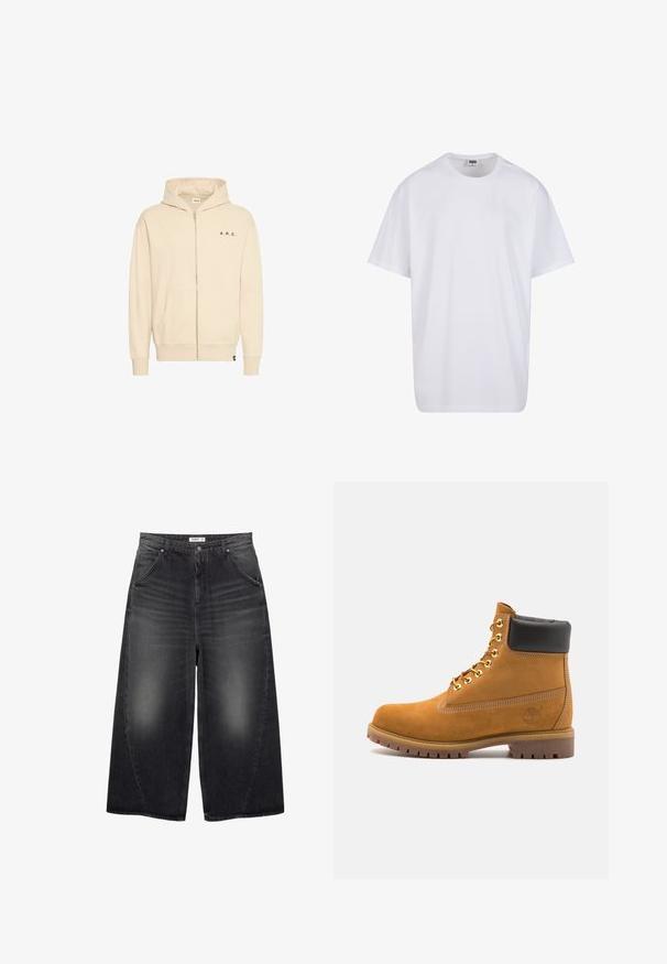 Bežna zip-up kapuca iz mehkega materiala, z žepom za kengurujčke, kapuco s vrvico in črnimi napisi "A.R.C." na prsih.; Bela bombažna majica s kratkimi rokavi, okroglim izrezom, sproščenim krojem in brez vidnih logotipov ali vzorcev. Gladka tekstura in minimalen dizajn.; PULL&BEAR MEGA BAGGY - Vrečaste kavbojke - black; Svetlo rjave anklne čizme iz semiša z črnim oblazinjenim ovratnikom, zlatimi kovinskimi očesci, belimi šivi in robustnim gumijastim podplatom s izrazitimi tredi.