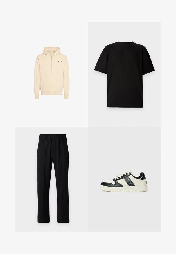 Felpa con zip beige realizzata in tessuto morbido, dotata di tasca a marsupio, cappuccio con cordino e scritta nera "A.R.C." sul petto.; T-shirt nera a maniche corte realizzata in tessuto a coste. Presenta un collo tondo e una vestibilità comoda con una texture liscia. Solo vista dal retro.; Pantaloni neri con vita elasticizzata e design a gamba dritta, caratterizzati da una texture liscia e senza motivi o hardware visibili.; Sneakers in pelle con una combinazione di colori nero e crema, dotati di dettagli perforati, collare imbottito e suola testurizzata.