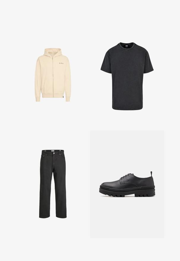 Beige mikina na zips vyrobená z mäkkého materiálu, s klokanovou vreckom, sťahovacou kapucňou a čiernym nápisom "A.R.C." na hrudi.; Čierne bavlnené tričko s okrúhlym výstrihom, krátkymi rukávmi a voľným strihom. Obsahuje viditeľné švy a mierne vyblednutú textúru.; Čierne džíny so rovnými nohavicami vyrobené z bavlny, ktoré majú klasický dizajn s piatimi vreckami, zapínanie na gombík a jemné detaily prešívania.; Čierna kožená topánka s okrúhlou špičkou, viazaním a robustnou gumovou podrážkou. Obsahuje pútko na päte a textúrované akcenty.