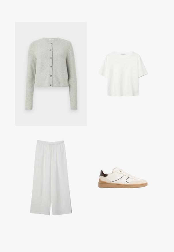 Světle šedý kardigan vyrobený z měkké, texturované tkaniny. Má kulatý výstřih, dlouhé rukávy a zapínání na šest knoflíků.; Bílý krátký rukáv tričko vyrobené z bavlny. Má kulatý výstřih a volný střih. Hladký materiál bez viditelných vzorů nebo akcentů.; Bílé kalhoty s širokými nohavicemi vyrobené z lehké tkaniny, s elastickým pasem a stahovací šňůrkou pro nastavitelnou velikost. Hladká textura.; Stradivarius Tenisky - white