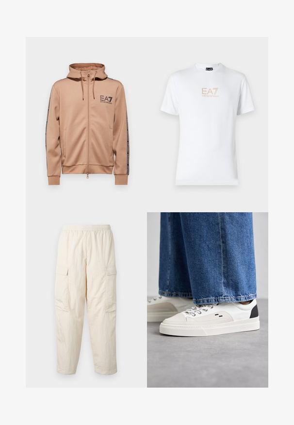 EA7 Emporio Armani FELPA - Hoodie - portabella; White cotton t-shirt featuring a round neckline and short sleeves, with a gold EA7 Emporio Armani logo printed on the front.; Beige cargo pants with an elastic waistband, featuring two side pockets and a soft, lightweight fabric. Wrinkled texture.; White and black sneakers with a smooth leather upper, textured accents, and a chunky white sole. Features a classic lace-up design.