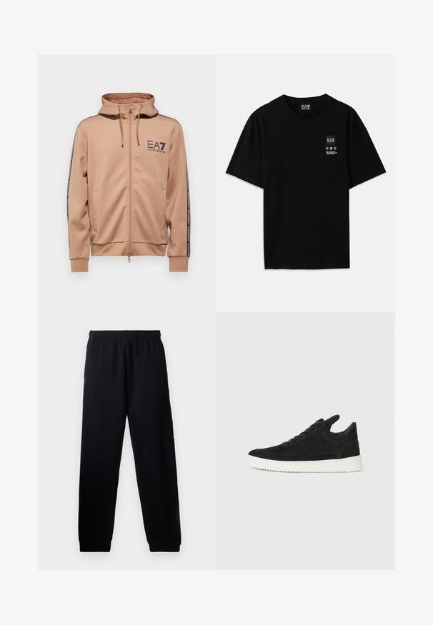 EA7 Emporio Armani FELPA - Felpa con cappuccio - portabella; T-shirt nera in cotone con maniche corte, collo a giro e un piccolo etichetta con logo sul davanti che presenta simboli di cura bianchi.; Pantaloni della tuta neri con vita elastica, gambe affusolate e un dettaglio del logo testurizzato sulla gamba sinistra. Realizzati in tessuto morbido e leggero.; Sneaker in suede nero con suola in gomma bianca, caratterizzato da cuciture tonali e design con lacci. Texture liscia con una forma moderna e aerodinamica.
