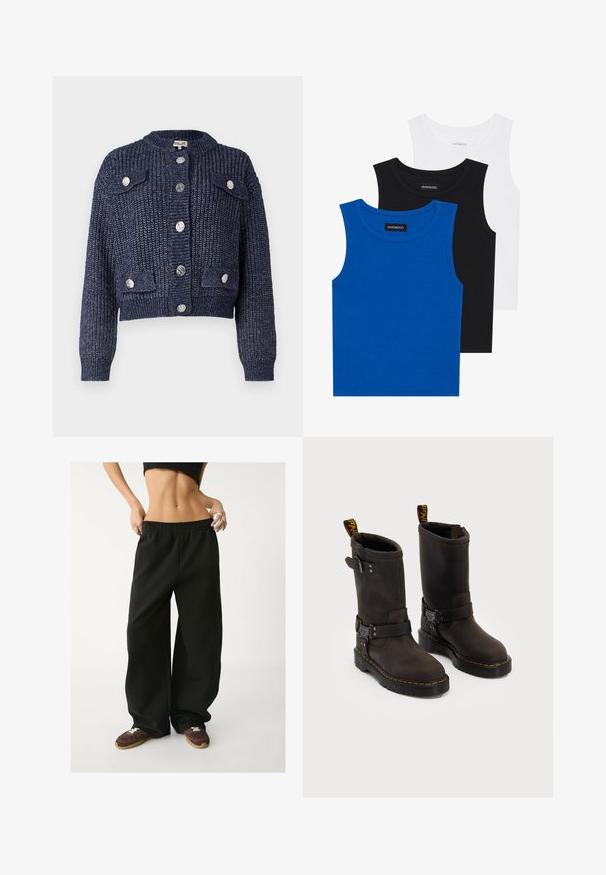 Mörkblå kort cardigan, stickad struktur, med sex silverfärgade knappar, två bröstfickor med lock och ribbad mudd.; Tre ärmlösa tröjor i blått, svart och vitt. Tyget är ribbat med rund halsringning. Varje tröja har en etikett märkt "even&odd."; Svarta, vida sweatpants med elastisk midja. Gjorda av mjukt tyg och har en avslappnad passform. Matchade med bruna sneakers.; Mörkbruna läderstövlar med medellång design, gula sömmar, justerbara spännband och dragflikar upptill. Texturerad yta.