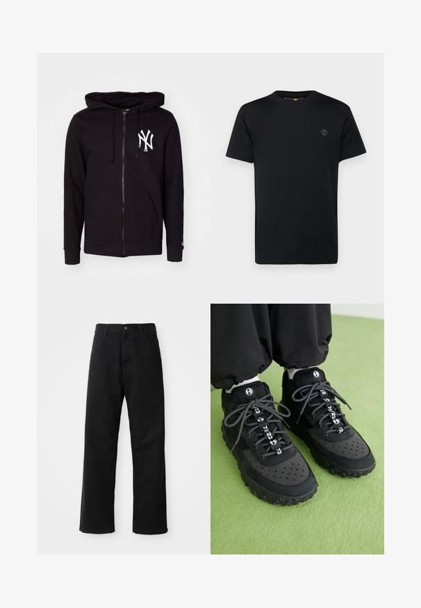 Felpa nera con zip realizzata in un misto cotone, dotata di un grande logo bianco sul lato sinistro del petto, tasche frontali e cappuccio con coulisse.; T-shirt in cotone nero con collo a giro, maniche corte e un piccolo logo ricamato sul petto. Texture liscia, vestibilità classica.; Pantaloni in denim nero con taglio dritto, caratterizzati da tasche frontali, chiusura con zip e un singolo bottone superiore. Tessuto testurizzato con finitura opaca.; Le sneakers nere presentano un mix di materiali in pelle e rete, una suola in gomma testurizzata, perforazioni prominenti e lacci decorati con motivi numerici.