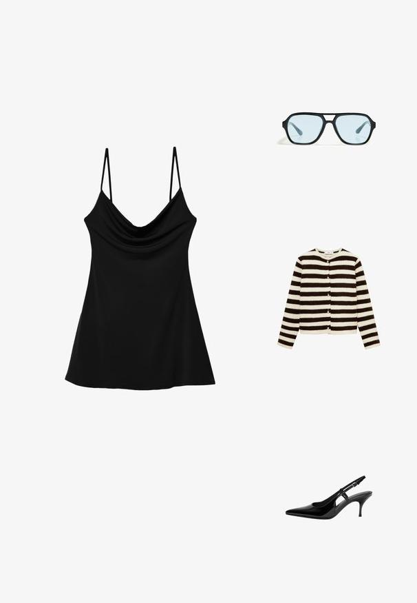Pruhovaný cardigan s střídajícími se černými a krémovými vodorovnými pruhy, vyrobený z měkkého strukturovaného materiálu, s předními knoflíkovými zapínáními a dlouhými rukávy.; Černý top bez rukávů s cowl výstřihem, vyrobený z hladké látky. Má tenké nastavitelné ramínka a splývavý, rozšířený silueta.; Černé lakované kožené lodičky typu slingback s špičatou špičkou, otevřenými bočními výřezy, štíhlým podpatkem a nastavitelným páskem kolem kotníku.; Černé sluneční brýle s obdélníkovými rámy, modře zabarvenými skly a charakteristickým tvarem nosníku. Elegantní povrch, decentní textura.; Černá kabelka se strukturovaným tvarem, hladkým povrchem a kovovým uzávěrem. Kombinována s širokými černými kalhotami a sandály s otevřenou špičkou na dřevěné podlaze.