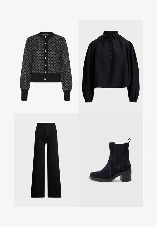 Karen by Simonsen Strickjacke - meteorite; Schwarzes, kurzes Shirt aus weichem Stoff, mit einer geknöpften Leiste, hohem Kragen und puffierten langen Ärmeln mit enganliegenden Bündchen.; Schwarze weite Hosen aus gewebtem Stoff, mit hoher Taille, vorderem Knopfverschluss und Seitentaschen. Glatte Textur mit klaren Linien.; Schnürstiefelette aus dunkelblauem Wildleder mit elastischem Seitenpanel, runder Spitze und Blockabsatz. Das strukturierte Material und die glatte Sohle sorgen für Kontrast.