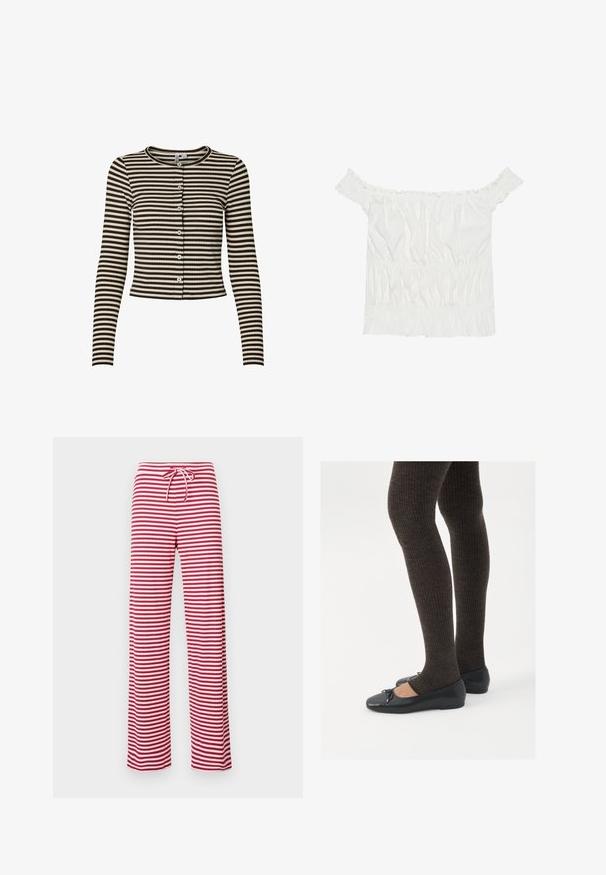 Dolga jopica s dolgimi rokavi v rjavo in kremastem črtastem vzorcu, z zaobljenim ovratnikom, zapiranjem na gumbe spredaj in rebrasto teksturo. Skrajšana zasnova.; Bela bluzo brez naramnic z nabranimi detajli, nabranim teksturiranjem in elastičnim pasom. Narejena iz mehkega bombažnega blaga.; Rdeče in bele prašičaste hlače z ohlapnim krojem, z vrvico v pasu in rebrasto teksturo. Naravnost krojene hlače segajo do gležnjev.; Črne ravne čevlje z majhnim lokom na prstih, v kombinaciji s temno rjavimi rebrastimi nogavicami. Čevlji imajo gladko teksturo in nizko obliko.