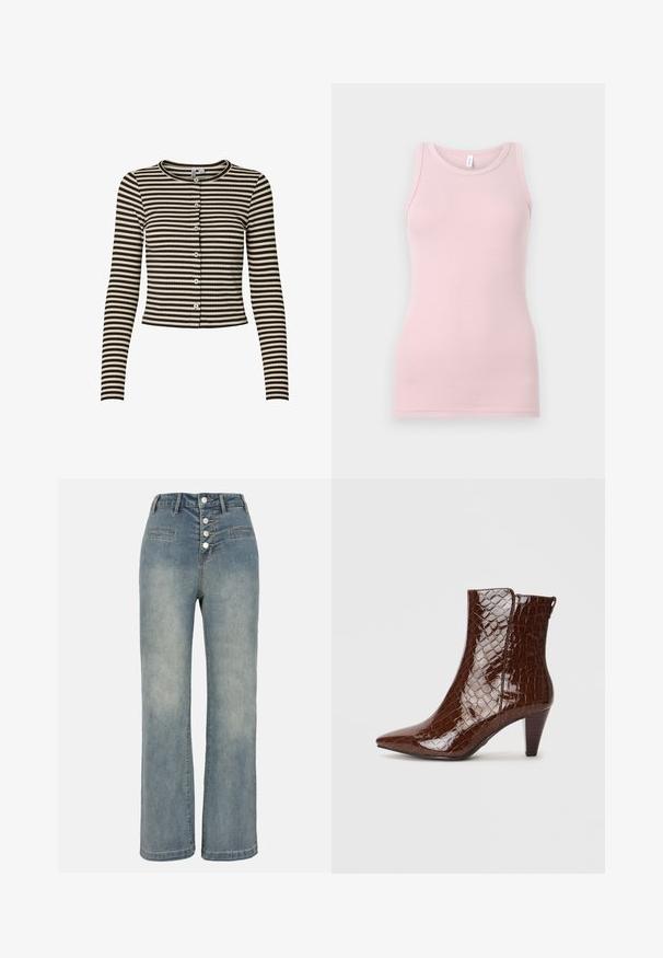 Rudos ir kreminės juostelės ilgos rankovės megztinis su apvaliu kaklu, priekyje mygtukų užsegimas ir reljefinis raštas. Trumpas dizainas.; Šviesiai rožinė liemenėlė, pagaminta iš švelnaus, tampraus audinio. Turi apvalią iškirptę ir siaurus petnešėles, su lygiu paviršiumi ir prigludusia forma.; Šviesiai mėlyni džinsai plačiomis kojomis su aukštu liemeniu, penkių mygtukų uždarymu ir dviem priekinėmis kišenėmis. Lygi tekstūra su subtiliu išblukimu.; Rudos faux krokodilo odos auliniai batai su smailiu kojų pirštu ir siauru kulnu. Turi blizgią tekstūrą ir šoninio užtrauktuko detalę.