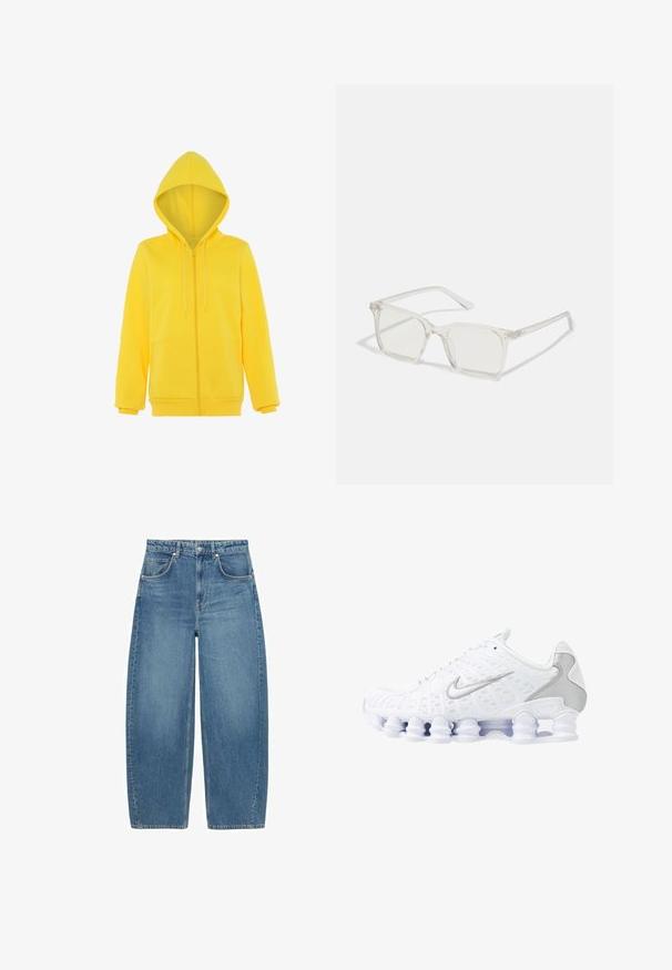 Gelbe Zip-Hoodie mit Kapuze zum Zuziehen, langen Ärmeln und einer sanften Textur; verfügt über eine Kängurutasche an der Vorderseite.; Hellblaues Hemd mit weißen Streifen, ausgestattet mit einer passenden Krawatte. Lange Ärmel, traditioneller Kragen und Design mit abgerundetem Saum.; Blaue hochtaillierte weit geschnittene Jeans mit Fronttaschen und Knopfverschluss, flach auf einem weißen Hintergrund präsentiert.; Weiße Sportschuhe mit einem oberen Teil aus Mesh, silbernen Akzenten und einem einzigartigen Spiralsohlendesign. Verfügt über einen gepolsterten Schaft und eine Schnürung für optimalen Halt.; Klare, quadratische Kunststoffbrillen mit durchsichtigen Gläsern, die goldene Akzente an den Bügeln für zusätzliche Details aufweisen.