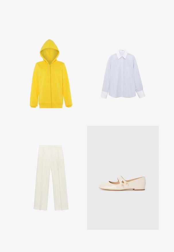 Felpa gialla con zip e cappuccio regolabile, maniche lunghe e una texture morbida; presenta una tasca a marsupio nella parte anteriore.; Camicia a righe blu chiaro con colletto e polsini bianchi, caratterizzata da una chiusura frontale con bottoni e una tasca sul lato sinistro del petto. Maniche lunghe incluse.; Pantaloni a gamba larga di un leggero colore crema. Realizzati in un tessuto morbido con pieghe sul davanti e tasche laterali.; Ballerine in pelle verniciata avorio con due cinturini decorativi e bottoni dorati, caratterizzate da una punta arrotondata e un tacco basso a blocco.