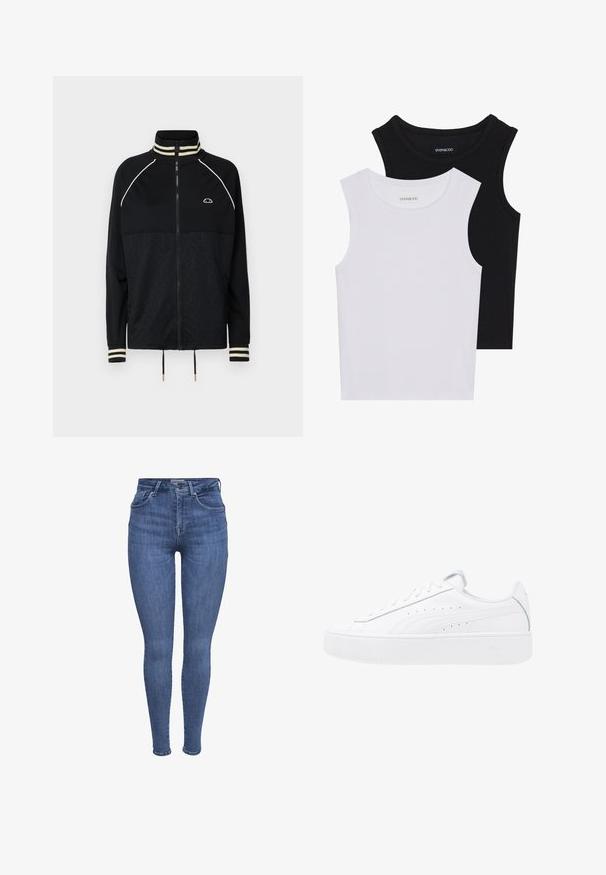 Crna jakna na zip s visokim ovratnikom, bijelim prugastim detaljima na ovratniku i manžetama, suptilnim reljefnim uzorkom na donjoj polovici i malim bijelim logotipom na prsima.; Dva majica bez rukava u crnoj i bijeloj boji, izrađene od rebrastog pamuka, s okruglim izrezima i prianjajućim dizajnom. Oznake su vidljive na obje.; Plave uske traperice viskog struka s prednjim džepovima, dugmetom, zatvaranjem na patentni zatvarač i petljama za pojas, prikazane na bijeloj pozadini.; Bijele platform tenisice s gornjim dijelom od kože, okruglim vrhom i vezanjem. Imaju bočne perforacije i suptilno brendiranje na peti.