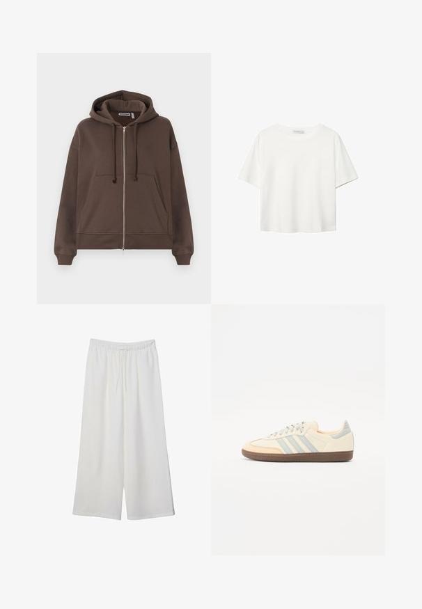 Felpa zip-up marrone realizzata in tessuto morbido, con una grande tasca frontale, cappuccio con cordino e polsini a costine. Design semplice con accenti minimal.; T-shirt bianco a maniche corte realizzato in cotone. Presenta un collo tondo e una vestibilità rilassata. Texture liscia senza motivi o dettagli visibili.; Pantaloni bianchi a gamba larga realizzati in tessuto leggero, dotati di una vita elastica e di un cordino per una vestibilità regolabile. Texture liscia.; Sneaker con una toma in pelle crema, strisce azzurre chiare e accenti pesca. Presenta una suola in gomma marrone testurizzata e un design minimalista.