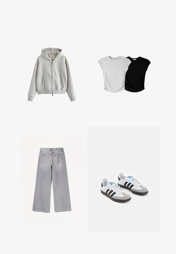 Lys grå zip-up hoodie i blødt materiale med hætte, forlommer, ribbede manchetter og kant. Enkel, oversized design med minimal branding.; To korteærmede t-shirts: en grå med en let struktureret overflade og en sort, begge med sidesyninger og rundede saumer.; Bershka WIDE-LEG - Wide leg - grey; Sportsko med en overdel i hvid læder, grå ruskind på tåen og tre sorte striber. Har et blåt logo på tungen og en struktureret gummisål.