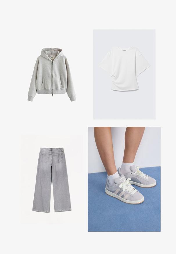 Felpa grigia con zip in materiale morbido, dotata di cappuccio, tasche frontali, polsini e orlo a coste. Design semplice, oversize con minimalismo nel branding.; T-shirt bianco oversize a manica corta con scollo rotondo e vestibilità morbida, posizionato piatto su uno sfondo grigio chiaro.; Bershka WIDE-LEG - Wide Leg - grey; Sneaker in suede grigio con lacci bianchi e suola in gomma, dotate di tre strisce diagonali sul lato e un'etichetta con logo sulla linguetta.