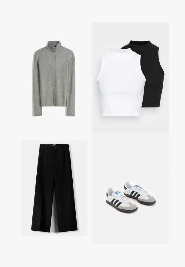 Světle šedý žebrovaný cardigan s vysokým límcem, který má zapínání na knoflíky a dlouhé rukávy. Měkká textura s přiléhavým střihem.; Dvě bezrukávové halenky s ribovým stojáčkem v černé a bílé barvě, které mají přiléhavý střih a hladkou texturu, s krácenou délkou.; Černé široké kalhoty z lehkého materiálu s předním zapínáním na knoflík a hladkým předním dílem, s pečlivě přišitými lemy.; Sportovní boty s bílým koženým svrškem, šedou semišovou špičkou a třemi černými pruhy. Obsahují modré logo na jazyku a texturovanou gumovou podrážku.