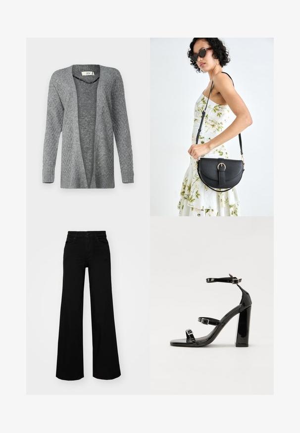 JDY JDYBIGUM LONG OPEN CARDIGAN - Jopica - medium grey; Temno modra bluzica brez naramnic, izdelana iz smockane tkanine, s cvetličnim vzorcem, ki vključuje majhne bele in zelene rože. Mehak material, kratki rokavi.; Črne široke denim hlače s strukturiranim pasom, z zankami za pas in sprednjimi žepi. Gladka tekstura s klasičnim dizajnom.; Črne lakirane sandale s peto, kvadratnim prstom, trakovi okrog gležnja in srebrnimi zaponkami. Opremljene so s stabilno Debelo peto.; Črna usnjena torbica s ukrivljeno obliko, z odstranljivo naramnico in zlatimi dodatki. Torbica ima pokrov s podrobnostmi v obliki zaponke.