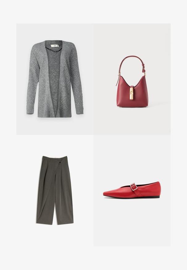 JDY JDYBIGUM LONG OPEN CARDIGAN - Cardigan - medium grey; Camicia con motivo floreale su sfondo rosa chiaro, con foglie verdi e vari fiori colorati. Design a bottoni, maniche lunghe.; Pantaloni a gamba larga in un tessuto grigio scuro. Presentano una parte anteriore piatta, tasche laterali e una chiusura con un solo bottone. Tessuto liscio, vestibilità sartoriale.; Scarpa piatta in pelle rossa con punta affusolata, dotata di un cinturino laterale con fibbia in metallo e un tacco basso nero. Texture liscia su tutta la superficie.; Borsa a tracolla in pelle rossa con una forma curva distintiva, tracolla regolabile e dettaglio della chiusura in tonalità oro sul davanti. Texture liscia, design minimal.