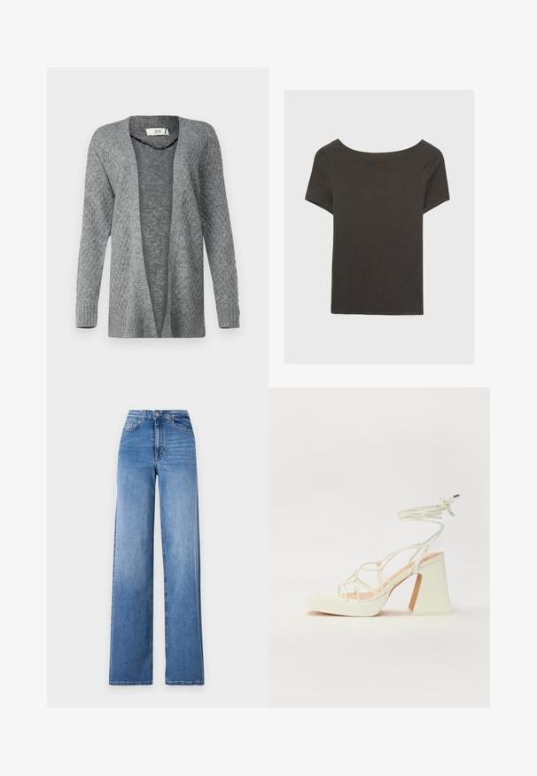 JDY JDYBIGUM LONG OPEN CARDIGAN - Jopica - medium grey; Temno siva kratka majica s čolnasto izrezom. Narejena iz rebraste tkanine, ki ima sproščen kroj in čist rob. Preprost dizajn, brez vzorcev.; Svijetloplave široke traperice napravljene od denima, s visokim strukom, prednjim džepovima i standardnim kopčanjem na dugme. Glatka tekstura.; Bela sandala na visokih petah s debelim petam, ki ima obliko trakcev in vezanje okoli gležnja. Gladka tekstura z platformo spredaj za dodatno višino.