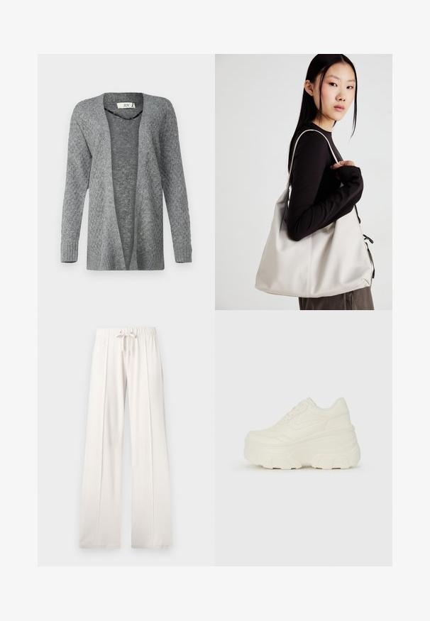 JDY JDYBIGUM LONG OPEN CARDIGAN - Vesta na kopčanje - medium grey; Set od dvije duge majice s dugim rukavima u bijeloj i crnoj boji. Rebrasta tekstura, okrugli izrez, uski kroj s blago raširenim rukavima.; Svijetlosmeđi dukserice od mekanog materijala, s vezicom u struku, širokim nogavicama i vertikalnim šavovima, s glatkom teksturom.; Bijele platformske tenisice s glatkim gornjim dijelom koji nalikuje koži, zaobljenim oblikom, podstavljenim okvirom i teksturiranim gumeni potplat s definiranom profilacijom.; Bežna torba od mekog materijala s opuštenim dizajnom, šivanim detaljima i dva remena za rame. Pogodna za svakodnevnu upotrebu.