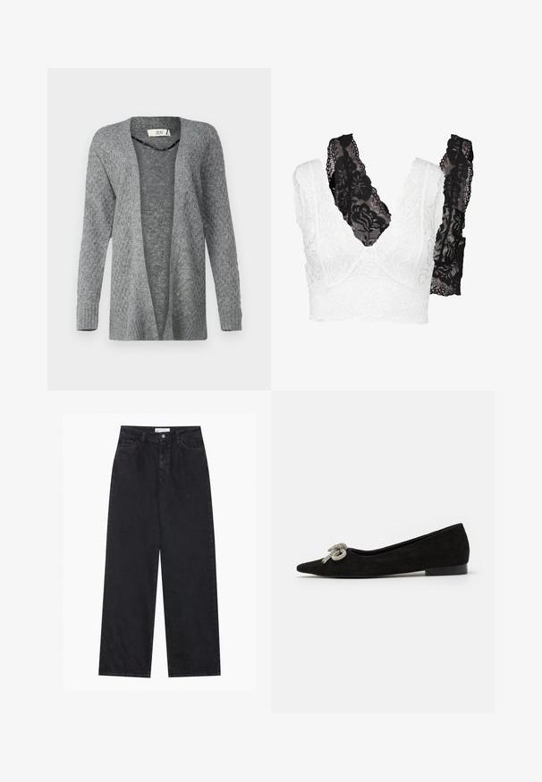 JDY JDYBIGUM szary melanż; Komplet biustonosza koronkowego z białym kwiatowym wzorem i czarnym dodatkiem. Oba mają dekolt w kształcie litery V oraz szerokie, ozdobne ramiączka.; Czarne, wysokie dżinsy z szerokimi nogawkami, z przodu zapinane na guzik i zamek błyskawiczny, z pętelkami na pasek oraz pięcioma kieszeniami.; Czarne zamszowe baleriny z wąskim noskiem, zdobione ozdobną srebrną kokardą z przodu, z niskim obcasem.