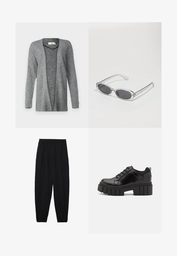JDY JDYBIGUM LONG OPEN CARDIGAN - Cardigan - medium grey; Black cotton t-shirt with short sleeves, featuring a small pink butterfly graphic on the left chest. Crew neck design with a relaxed fit.; Black, lightweight pants with an elastic waistband and gathered ankles. The fabric is smooth and features a relaxed, tapered design.; Black leather platform shoes with a chunky block heel, round toe, and traditional lace-up design. Features smooth texture and minimal detailing.; Sunglasses with an oval shape, clear plastic frame, dark gray lenses, and thin transparent arms featuring logo accents and minimal detailing.