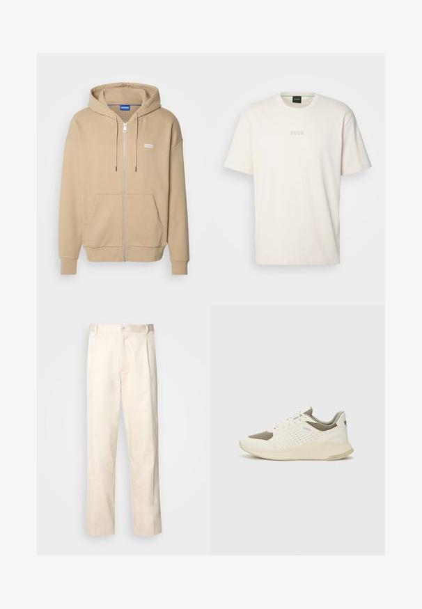 HUGO NARDIMEZ - Jaka ar rāvējslēdzēju - medium beige; BOSS TEE - Pamata T-krekls - open white; Bežā krāsā auduma bikses ar taisnu kāju griezumu, pievienotām pogu aizdares un priekšējiem krokām papildu detaļām.; Baltas un gaiši bež sporta apavi, ar sieta augšdaļu, perforētiem detaļām un teksturētu vidusdaļu ar zīmolu uz papēža.