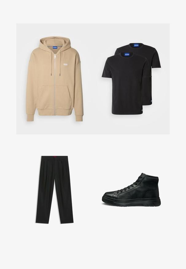 HUGO NARDIMEZ - Zip-up sweatshirt - medium beige; Two black cotton T-shirts with round necklines, short sleeves, and blue "HUGO" labels on the collars and side hems.; Black trousers with a pleated design, wide leg shape, and a smooth texture. Features a red waistband tag.; Black high-top sneakers with a textured leather upper, lace-up design, rubber sole, and tonal stitching detail along the edge.